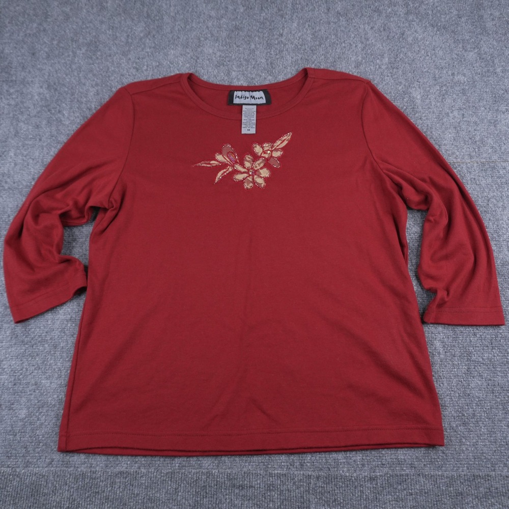 Indigo Moon Top Womens‎ Medium Red 3/4 Sleeve Floral Sequin Applique A4537